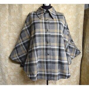 VTG 70s JOYCE Plaid Cape Coat Poncho Sherlock Plaid Twee Gray Collared Button Up